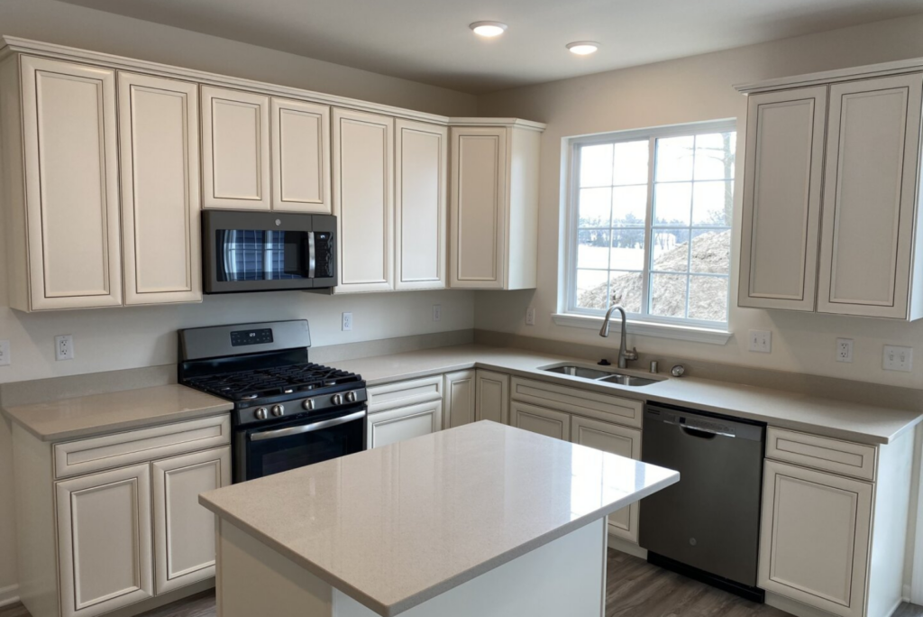 Gerstad Builders Kitchen with white cabinetry, granite countertops and large winow with black appliances